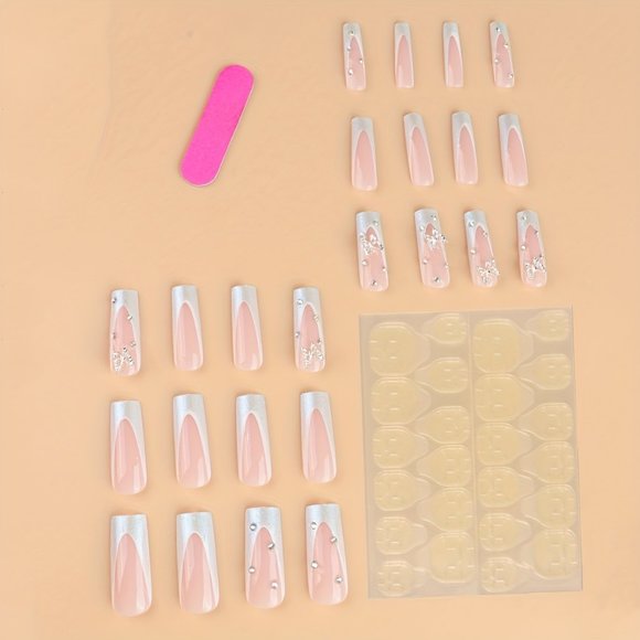 🦋🤍🖤NEW Luxury Butterfly Rhinestone 3D Long Fake Press On Nails 🖤🤍🦋 - Picture 2 of 3